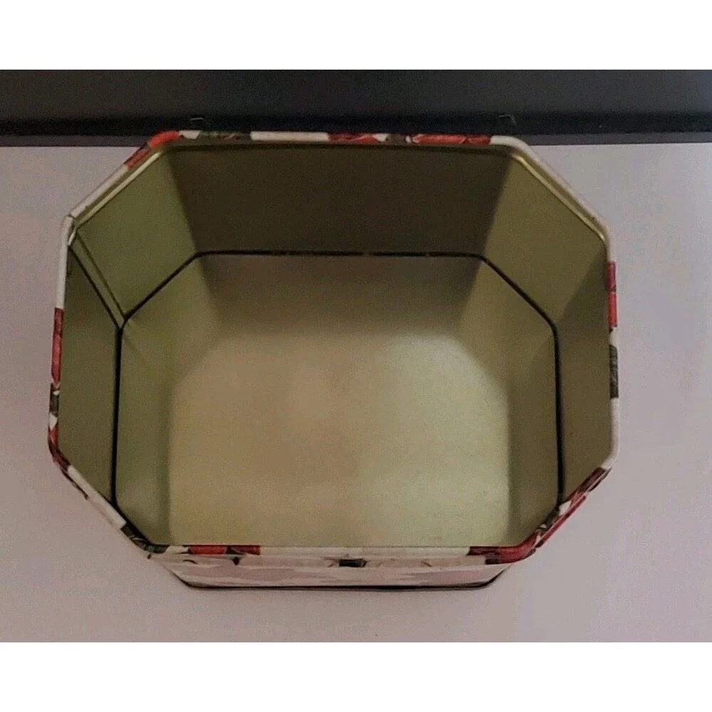 Octagon Christmas Tin Poinsettia Gift Small Metal Storage Box Clean Gold Inside